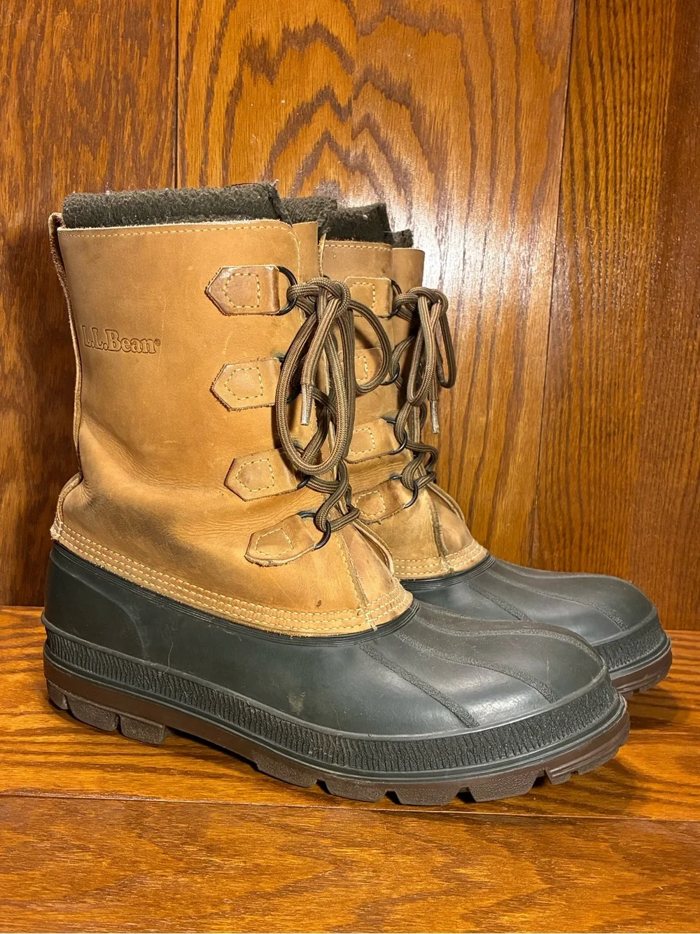 L.L. Bean Duck Snow Boots Removable Liners Brown Leather Green Rubber Men’s 11